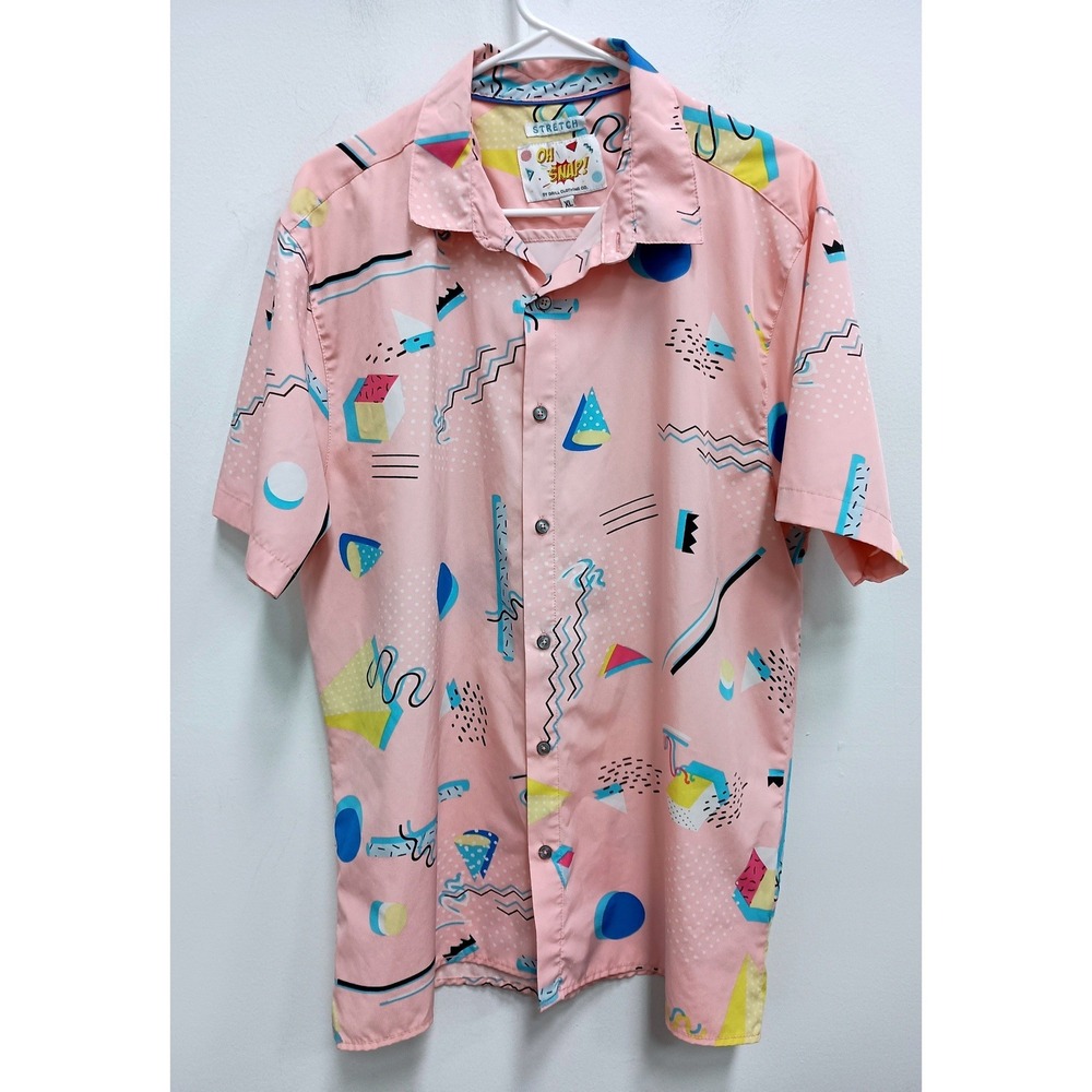 Oh Snap! Button Down Shirt Mens XL Pink 90s Retro Abstract Allover print Stretch